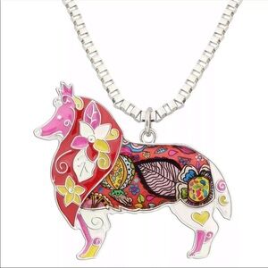 Collie enameled sculptured metal necklace